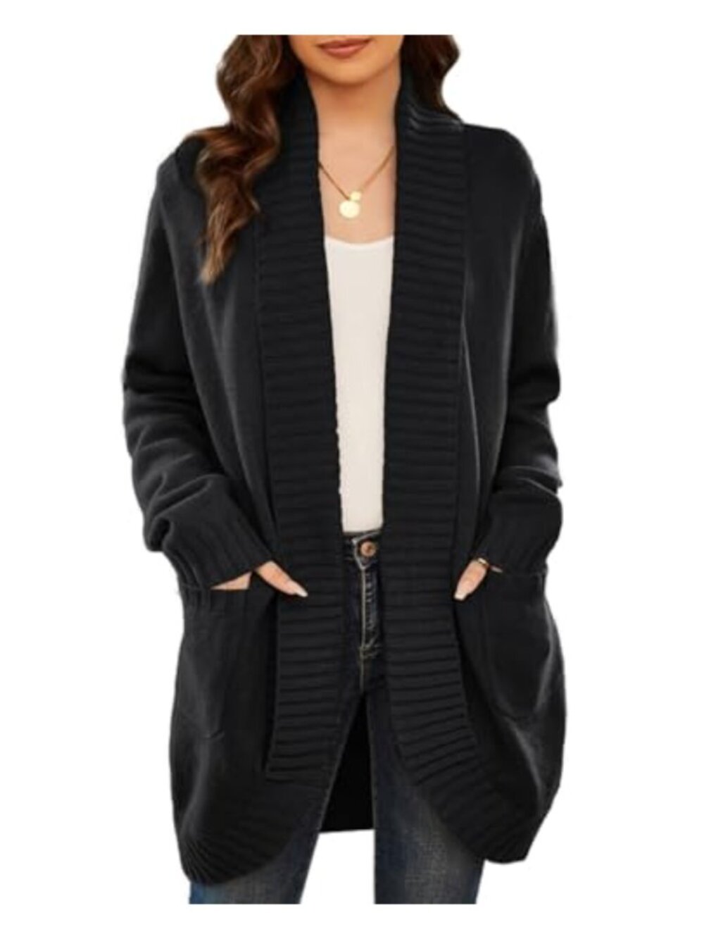 Womens Long Sleeve Knit Cardigan Sweater with Pockets Curved Hem Open Front